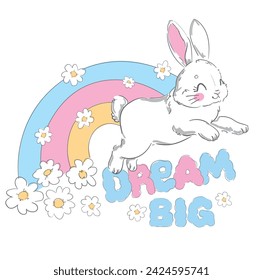 Hand Drawn Cute Bunny and rainbow, print design rabbit, children print on tshirt