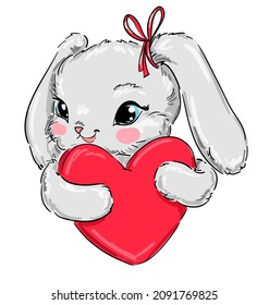 Hand drawn cute bunny and red heart. Vector illustration