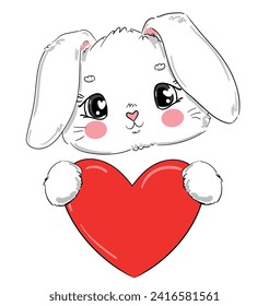 Hand drawn cute bunny and red heart. Vector illustration