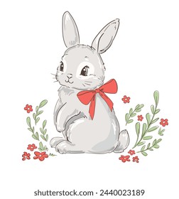 Hand Drawn Cute Bunny and red bow vector, print design rabbit, kids print