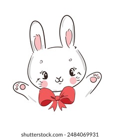 Hand Drawn Cute Bunny and red bow, print design rabbit. Vector