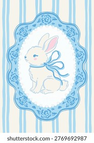 Hand drawn cute bunny with ribbon bow in blue floral medallion frame on striped background. Vintage card design, perfect for Easter greetings, baby showers, or nursery decor.