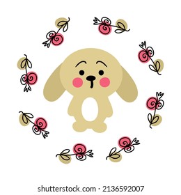 Hand drawn cute bunny in round flower frame. Easter card decoration in trendy vector style. Simple illustration for decorative design. 



