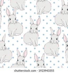 Hand drawn cute bunny. Seamless Pattern Rabbit print design background. Vector Textile for Kids Fashion. Polka dot