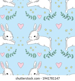 Hand Drawn Cute Bunny Seamless Pattern print design rabbit background. Vector. Print Design Textile for Kids Fashion.