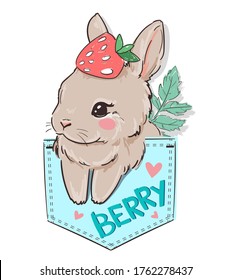 Hand drawn cute Bunny sitting in a pocket. Rabbit Print for children's textiles, poster design, nursery. Vector illustration stock.