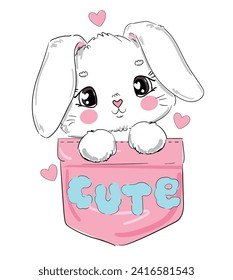 Hand Drawn Cute Bunny sitting in a pocket, vector illustration, childish design print for baby.