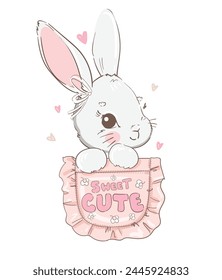 Hand drawn Cute Bunny sitting in a pocket, vector Sketch, Kids Print Design