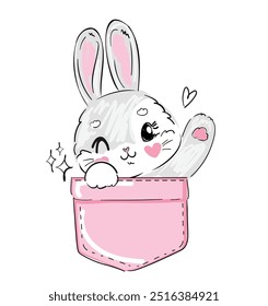 Hand drawn Cute Bunny sitting in a pocket, vector Sketch, Kids Print Design