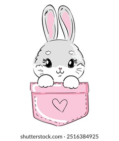 Hand drawn Cute Bunny sitting in a pocket, vector Sketch, Kids Print Design