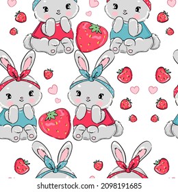 Hand drawn cute bunny with strawberry Seamless pattern vector illustration childish design print for baby textiles background