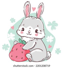 Dibujo manual lindo Bunny y fresa Little Rabbit ilustración vector 