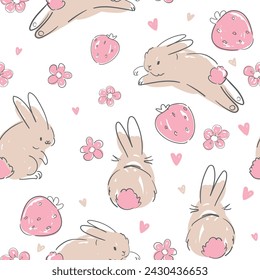Hand Drawn Cute Bunny and strawberry seamless pattern, Design rabbit illustration, Kids Print Vector