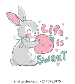Hand Drawn Cute Bunny and strawberry, Design rabbit illustration, Kids Print Vector