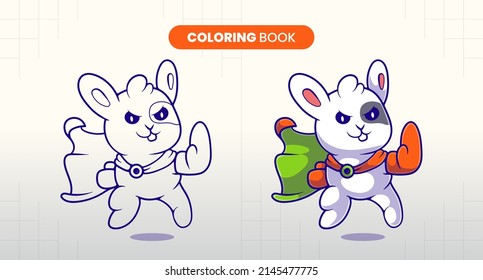 hand drawn cute bunny superhero illustration coloring book for children to fill in
