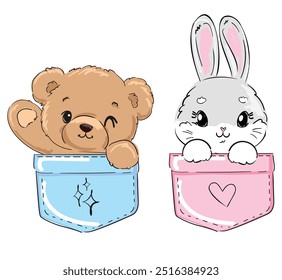 Hand drawn Cute Bunny and Teddy bear sitting in a pocket, vector Sketch, Kids Print Design