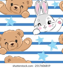 Hand Drawn Cute Bunny with Teddy Bear Pattern, print design rabbit background, children print textile design