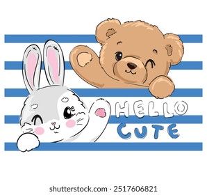 Hand Drawn Cute Bunny with Teddy Bear vector print design background 