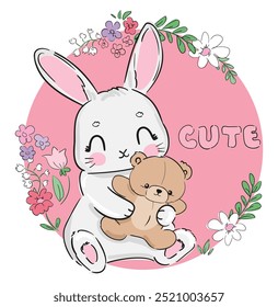 Hand drawn cute bunny with toy teddy bear vector illustration 