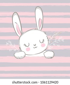 Hand Drawn Cute Bunny Vector Illustration, print design rabbit, children print on t-shirt, sketch animal.