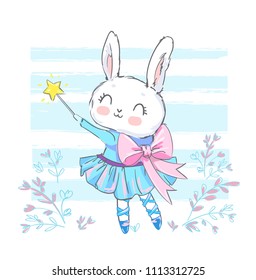 Hand Drawn Cute Bunny, Vector Illustration, hare ballerina print for children's t-shirt.