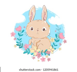 Hand Drawn Cute Bunny vector illustration, Design print for children t-shirt