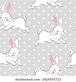 Hand Drawn Cute Bunny Vector Pattern, print design rabbit seamless background, children print textile design
