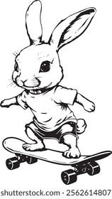 Hand drawn cute bunny vector illustration playing skateboarding. Black and white outline coloring book or page for children