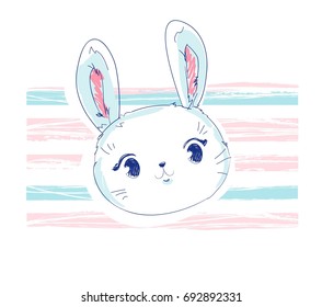 Hand Drawn Cute Bunny, Vector Rabbit Illustration, print design bunny, children print on t-shirt girl. 