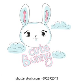 Hand Drawn Cute Bunny, Vector Rabbit Illustration, print design bunny, children print on t-shirt girl. 