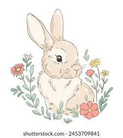 Hand Drawn Cute Bunny and wild flowers vector, design rabbit, kids print 