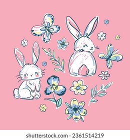 Hand drawn Cute Bunnys and butterfly and flowers on the pink background vector illustration, Print design cute Rabbit, children print on t-shirt.