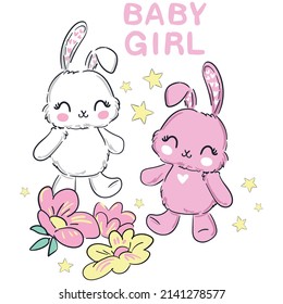 Hand Drawn Cute Bunnys and flowers, baby girl kids print design happy rabbits vector illustration