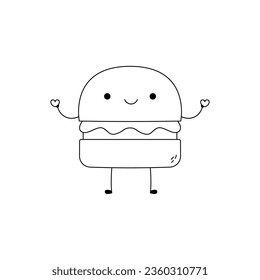 Hand drawn cute burger cartoon character spreading love