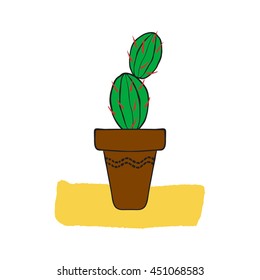 Hand drawn cute cactus in a brown pot. Potted flower. Design element for poster, t-shirt, textile, flower shop.