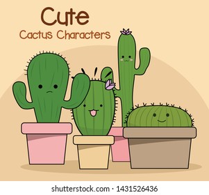 Hand drawn Cute cactus characters cartoon - Vector