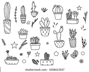 Hand Drawn Of Cute Cactus Doodle Set, Vector Illustration Design.