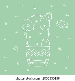 La mano dibujó un lindo cactus. Ilustración vectorial de doodle de la planta de la casa en la olla. Aislado en verde.