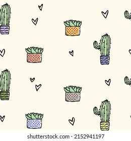 Hand drawn cute cactus with doodle hearts seamless pattern. Yellow paper cacti. Texture for Valentine's day, kids.