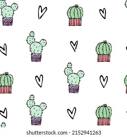 Hand drawn cute cactus with doodle hearts seamless pattern. White paper cacti. Texture for Valentine's day, kids.