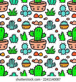 Hand drawn cute cactus doodle illustration seamless pattern. Can be used for kids apparel, fabric, nursery decoration, wrapping, textile, wallpaper, bedding, branding