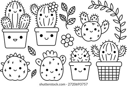 Desenhado à Mão Bonito Cactus Doodle Ícones Conjunto com Sorrindo Plantas Suculentas Potes e Linha Botânica Arte Ilustração