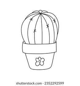 Handgezeichnete süße Kaktus in Blumentopf mit Blume im Doodle-Stil. Hervorragende Hauspflanze. Schwarz-Weiß-Umriss, Vektorgrafik einzeln auf weißem Hintergrund.