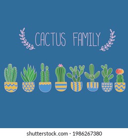 Hand drawn cute cactus group in pastel color on dark blue background. Vector illustration in doodle art style