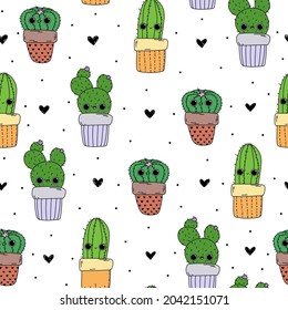 Hand drawn cute cactus with hearts seamless pattern. White paper cacti family.