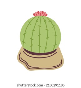 Hand drawn cute cactus in a pot, succulent flower isolated on a white background. Doodle, illustration in a simple flat style. It can be used for decoration of textile, paper and other surfaces.