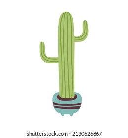 Hand drawn cute cactus in a pot, succulent flower isolated on a white background. Doodle, illustration in a simple flat style. It can be used for decoration of textile, paper and other surfaces.