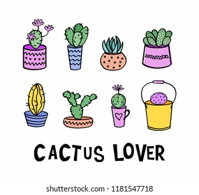 Hand drawn cute cactus set with love text
