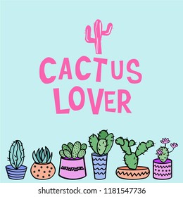 Hand drawn cute cactus set with love text