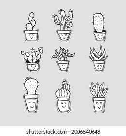 Hand drawn cute cactus trees doodle set illustration design